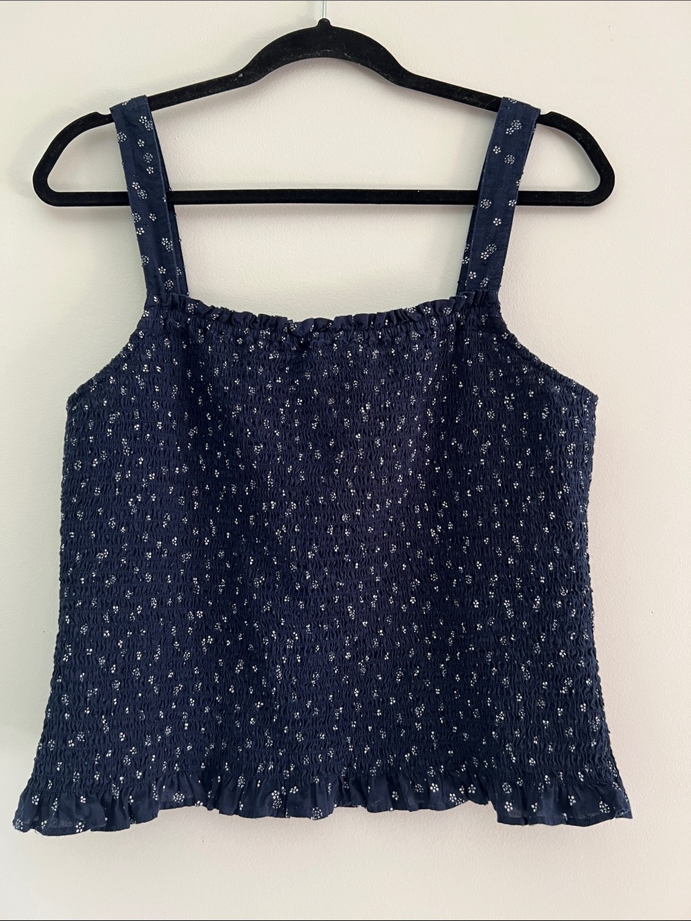 Madewell smocked cotton navy white mini floral top
